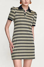 Black Diamond Check Knitted Polo Collar Mini Dress