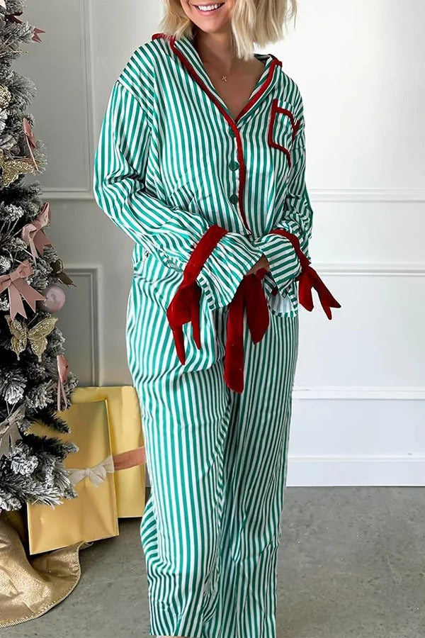 Striped Printed Color-blocked Trim Long-sleeved Loose Top and Elastic Waist Belt Wide-leg Pants Set