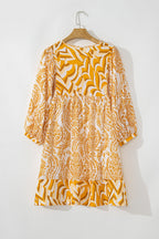 Orange Bohemian Print Puff Sleeve Tied V Neck Flared Mini Dress