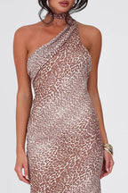 Asymmetrical Leopard Halter Slim Maxi Dress