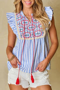 Striped Embroidered Tassel Ruffle Sleeveless Top