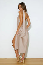 Sexy Satin Slit Hem Backless Midi Dress