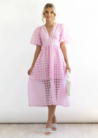 Beautiful square pattern fabric puff sleeve midi