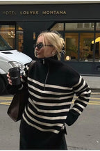 Laid-back Retro Lapel Half-zip Striped Sweater