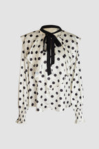 Ivory Polka Dot Flounce-Trimmed Tie Neck Chiffon Blouse