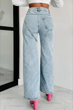 High-Waisted Washed Ripped Chain Straight Leg Jeans