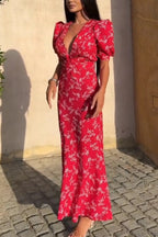 Floral Print V-neck Puff Sleeve High-waisted Slim-fit Maxi Dress