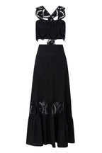 Summer City Hollow Lace Crop Tank and Elastic Waist Pocketed A-line Maxi Skirt Set