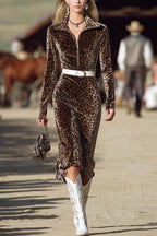 Leopard Print Lapel Long-sleeved Fitted Midi Dress