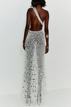 Sunshine Baby Knit Hollow Out Sequin One Shoulder Ring Detail Slit Cover-up Maxi Dress