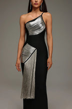 Roanna One Shoulder Sleeveless Glossy Tassels Bandage Maxi Dres