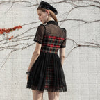 Gothic Lace Spliced Plaid Sexy A Line Short Sleeve Dress