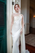 Elegant Satin Slant Neck Sheath Formal Dress