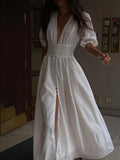 Bubble Sleeves Frenchy Button Split Long Dress