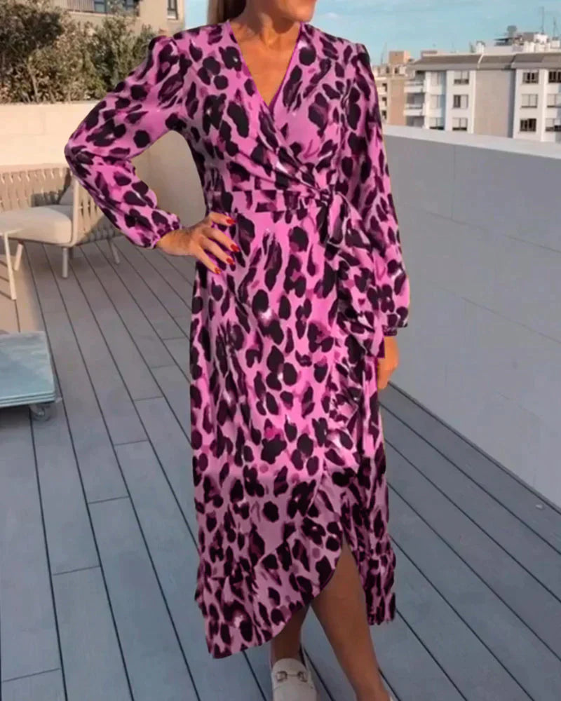 Exuperancia V-neck Leopard Print Dress for Women Weekend Casual Style