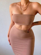 Two-piece suit with wrap-up top and skirt