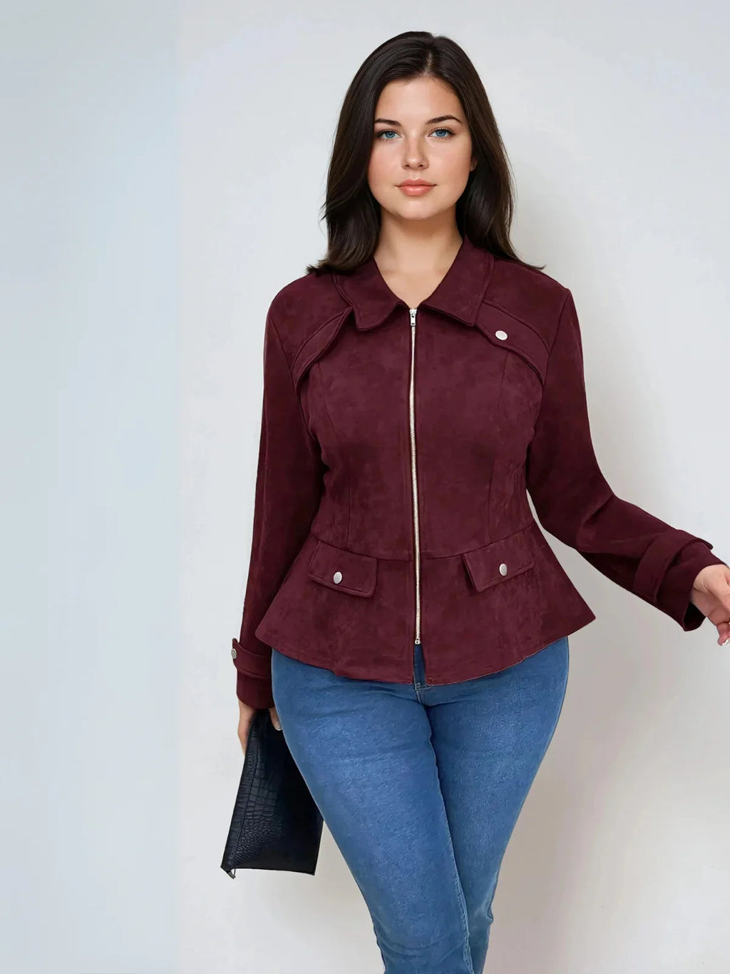 Plus Size Waisted Burgundy Casual Jacket With Front Zipper