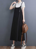 Plain Green Black Hemp Material Salopette Dress