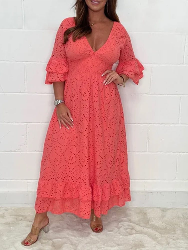 Embroidery Anglaise Frill Sleeve Midi Dress
