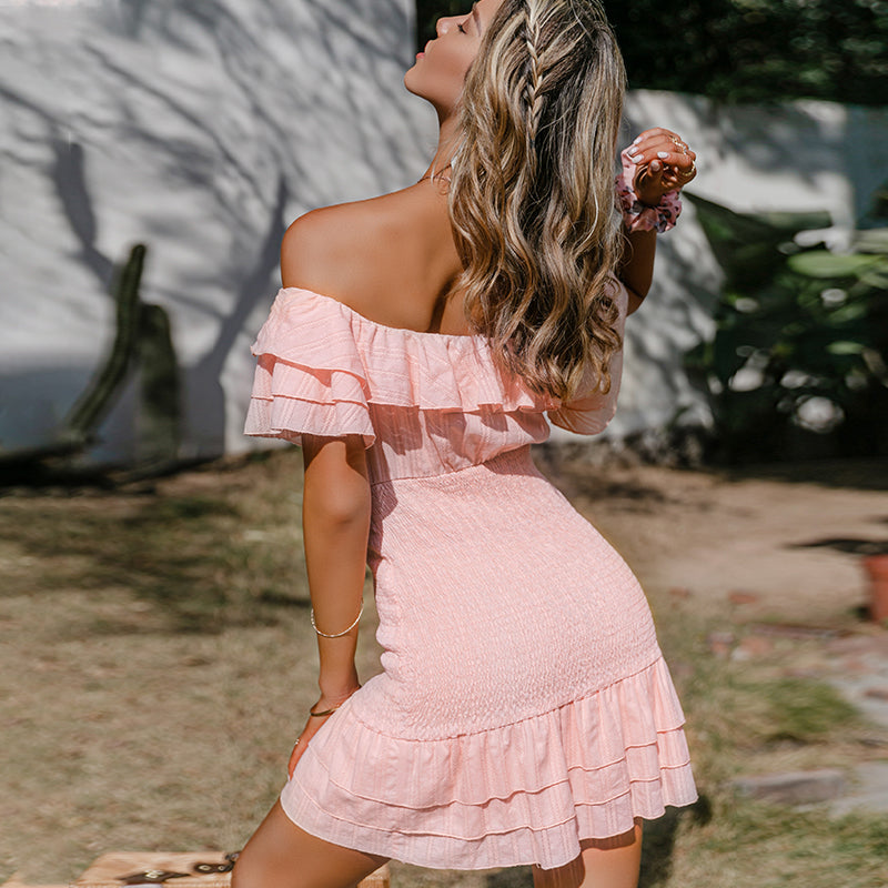 Blaise Satin Smocked Off The Shoulder Dress Blush FINAL