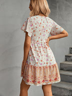 Button V-Neck Flower Short Dress