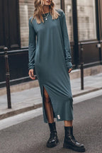 Catch Yourself Cotton Blend Long Sleeve Relaxed Slit Maxi Dress -3 Colors