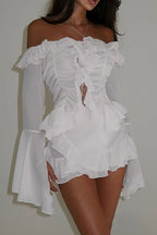 Stylish Off Shoulder Long Sleeve Ruffle Skirt Set