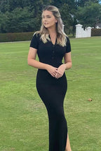 Elegant Lapel Short Sleeve Split Hem Sweater Dress