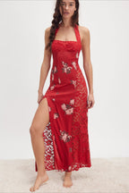 Elegant Floral Spaghetti Strap Maxi Lace Dress