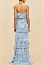 Modern Day Glam Tiered Pleat Design Sleeveless Halter Gown Maxi Dress