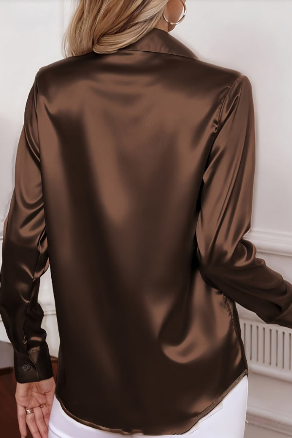 Solid Color Collared Long-sleeved Casual Button-down Shirt