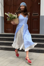 Plaid Fake Two-Piece Single Breasted Spaghetti Strap Midi Dress