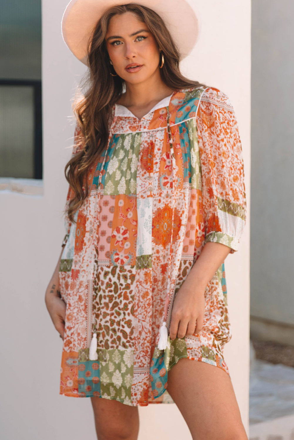 Orange Boho Paisley Mixed Print 3 4 Sleeve Chiffon Loose Dress