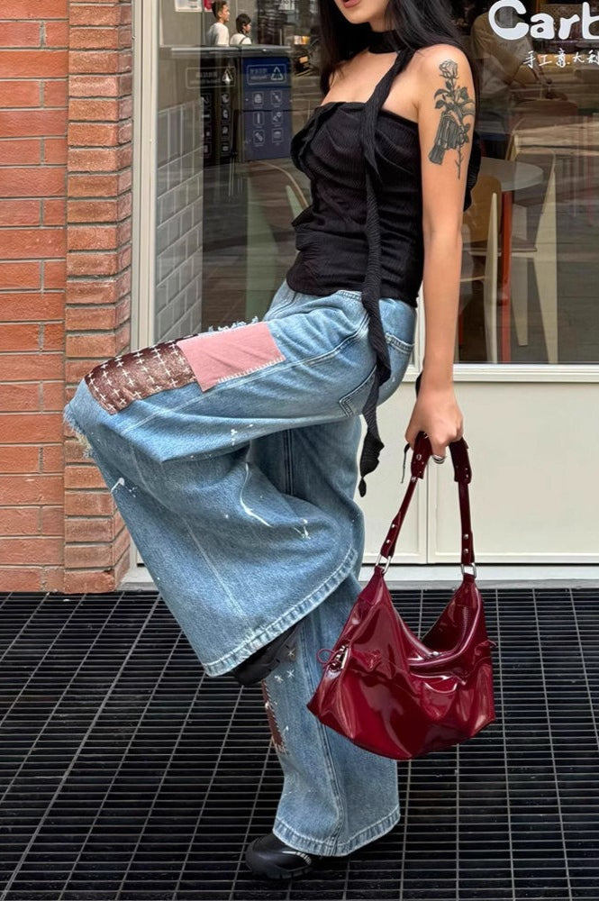 Vintage Washed Paint Splatter Patchwork Ripped Jeans