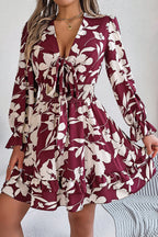 Floral Print V-neck Lace-up Long-sleeve Elastic Waist Mini Dress