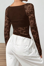 Solid Sheer Lace Mesh Slim Short Crop Top
