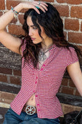 Vintage Red Plaid Polo Collar Button-Down Cropped Blouse