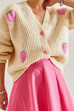 Sweet V-neck beige strawberry decorated cardigan sweater