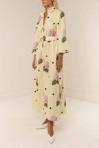 Collared Waist-Cinched Printed Maxi Shirt Dress