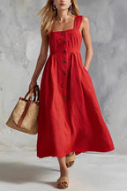 Linen Blend Solid Color Square Neck Sleeveless Button Casual Maxi Dress