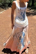 Jino Unique Lobster Print Square Neck Ruched Drape Hip Maxi Dress