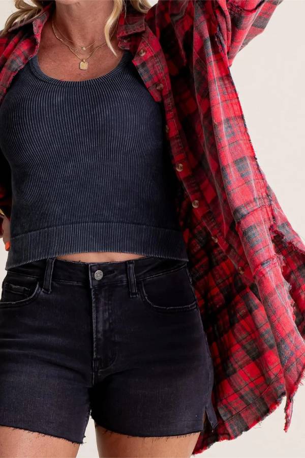 Women's Mineral Washed Button Down Plaid Flannel Shirt