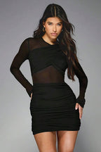 Sheer Mesh Ruched Patchwork Long Sleeve Mini Dress