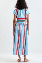 Stylish Striped Print V-neck Cropped Top and Elastic Waist Casual Maxi Skirt Set