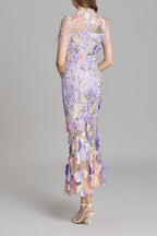 Tulle 3D Floral Embroidered Form-Fitting Midi Dress