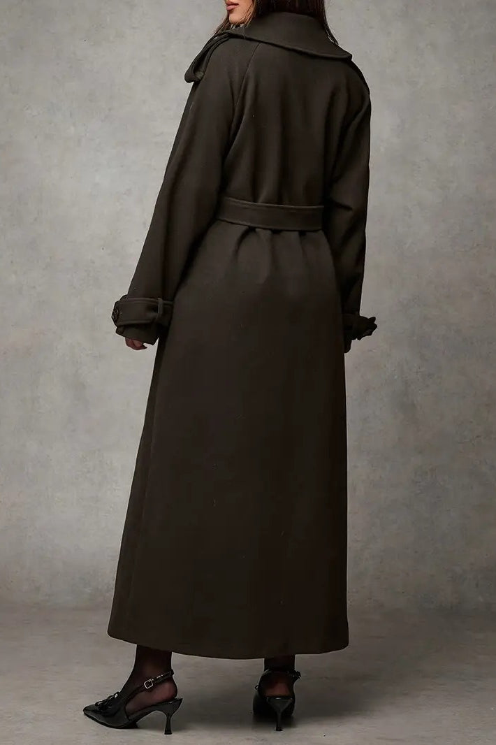 Wool Double Breasted Lapel Tie Long  Overcoat