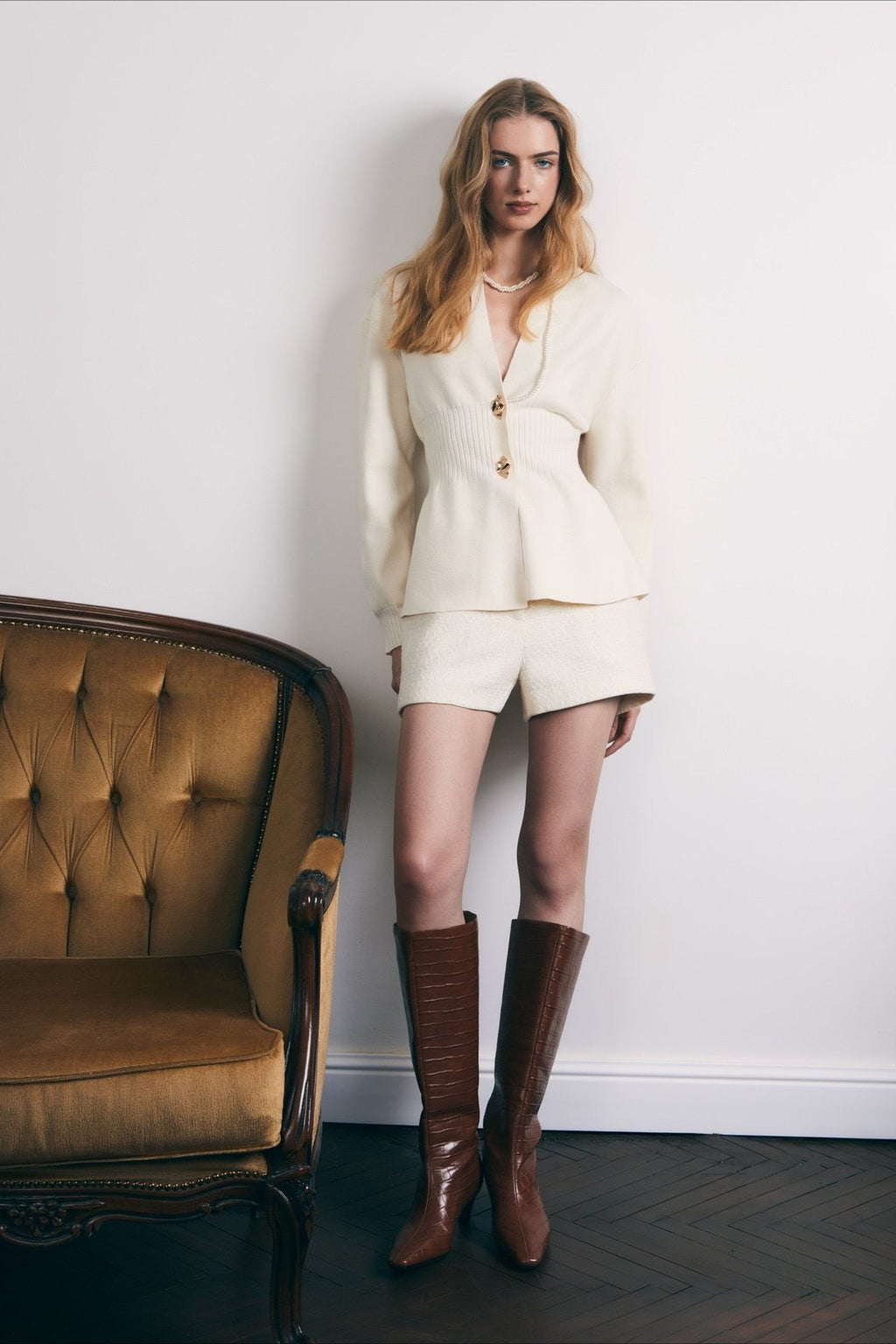 V Neck Long Sleeve Metal Button Split Hem Cardigan