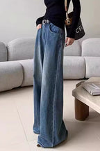 Blue Washed Casual High Waist Relaxed Long Jeans