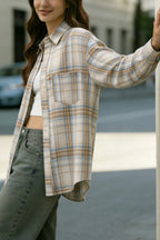 Stylish Plaid Collared Long-sleeved Pockets Casual Loose Shirt
