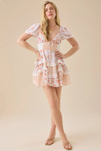 Floral Lace Patchwork V Neck Puff Short Sleeve Mini Dress